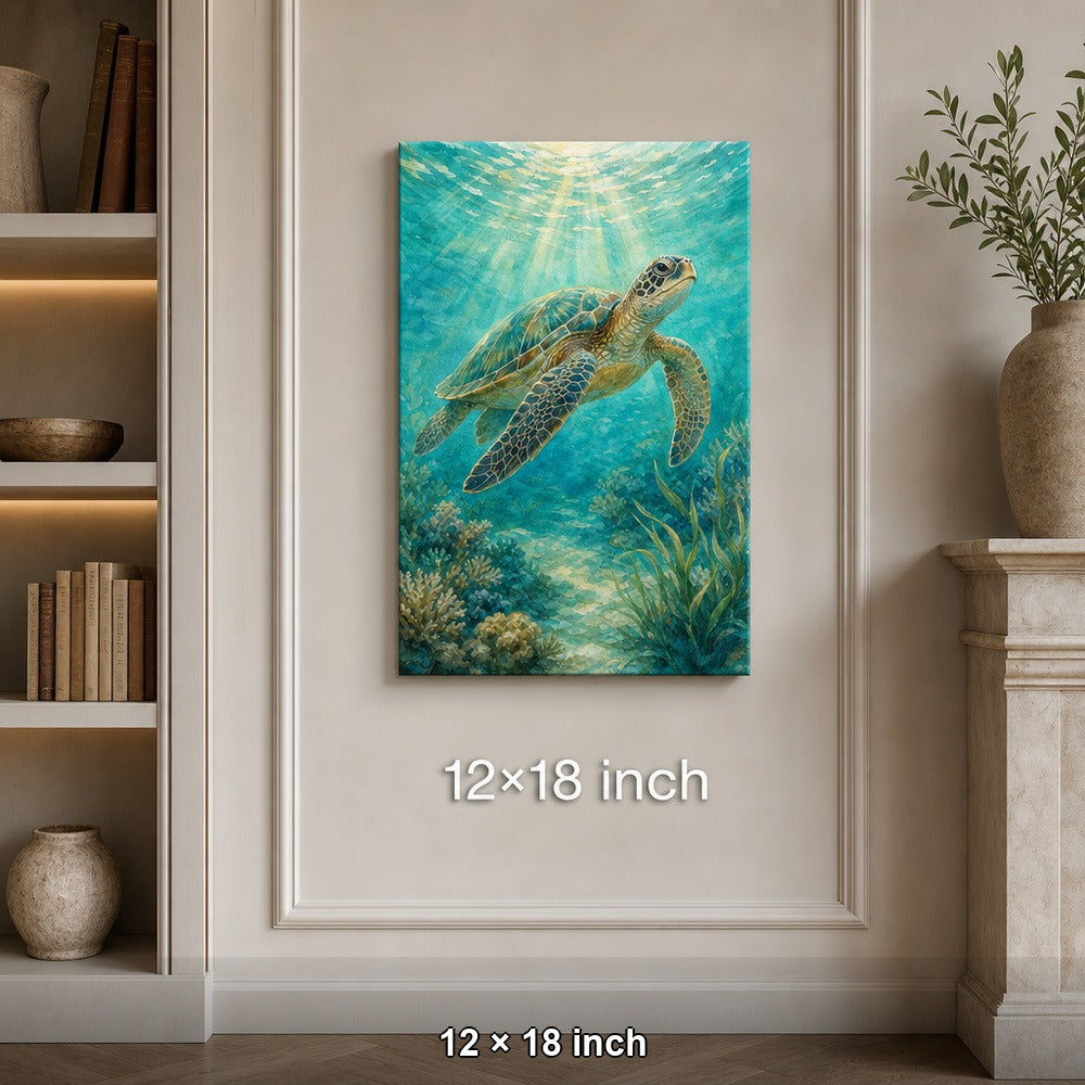 Sunlit Sea Turtle Coastal Canvas Wall Art — 12×18 room mockup