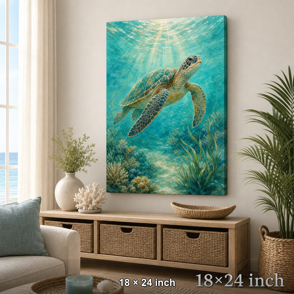 Sunlit Sea Turtle Coastal Canvas Wall Art — 18×24 room mockup