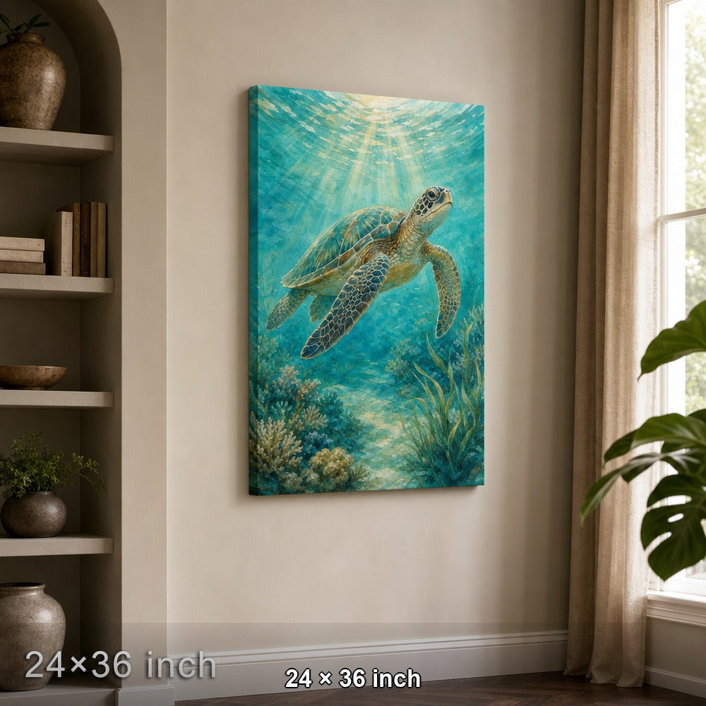 Sunlit Sea Turtle Coastal Canvas Wall Art — 24×36 room mockup