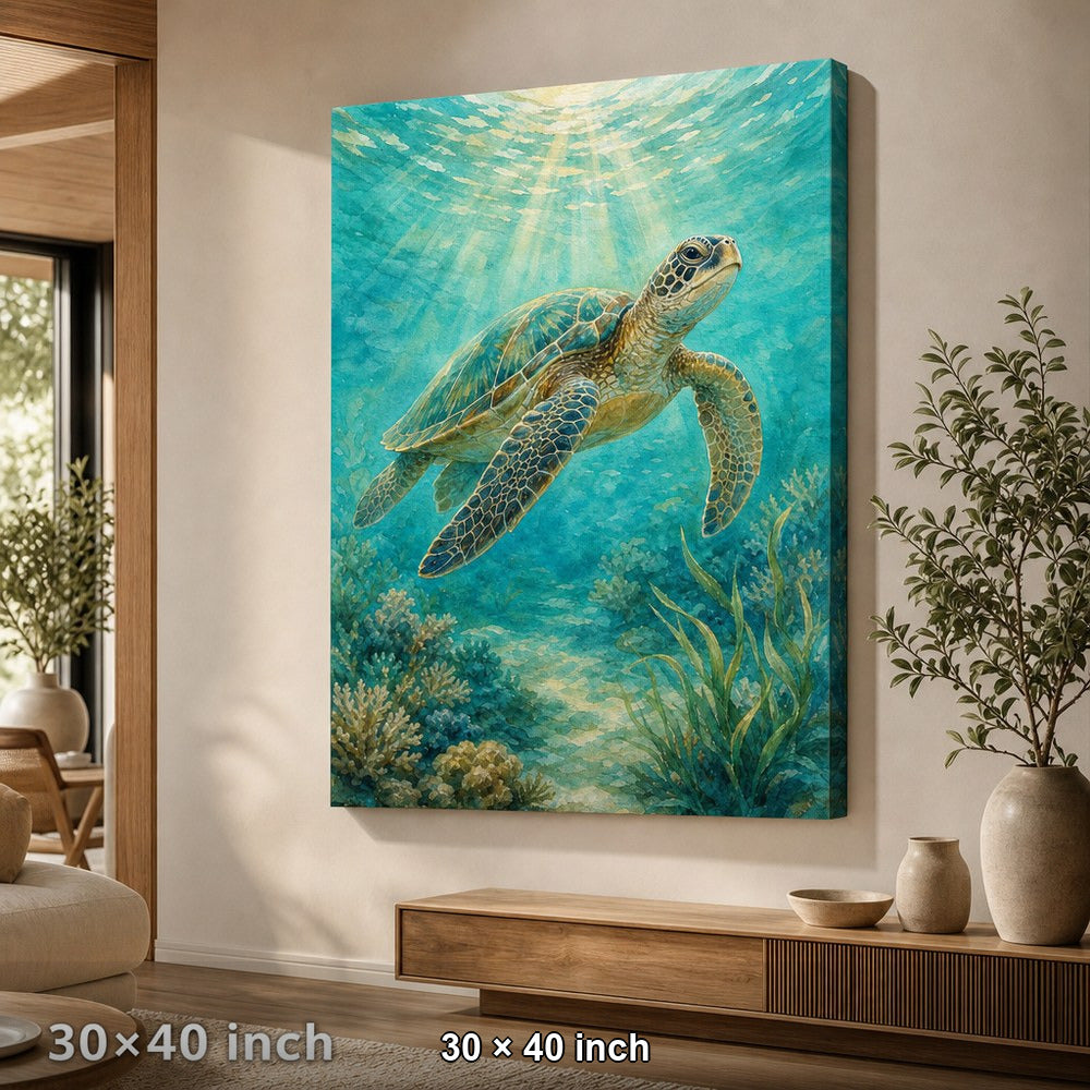 Sunlit Sea Turtle Coastal Canvas Wall Art — 30×40 room mockup