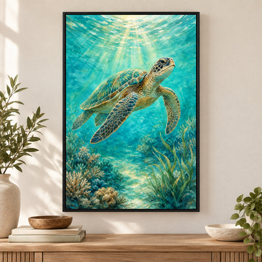Sunlit Sea Turtle Coastal Canvas Wall Art | black_independent_close