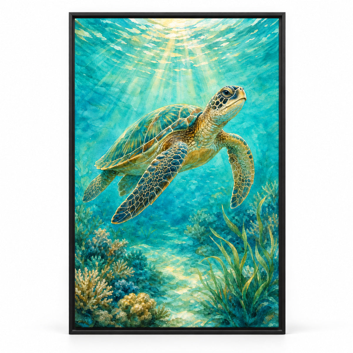 Sunlit Sea Turtle Coastal Canvas Wall Art | black_sku