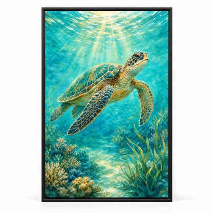 Sunlit Sea Turtle Coastal Canvas Wall Art | black_sku