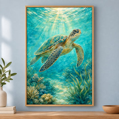 Sunlit Sea Turtle Coastal Canvas Wall Art | brown_independent_close