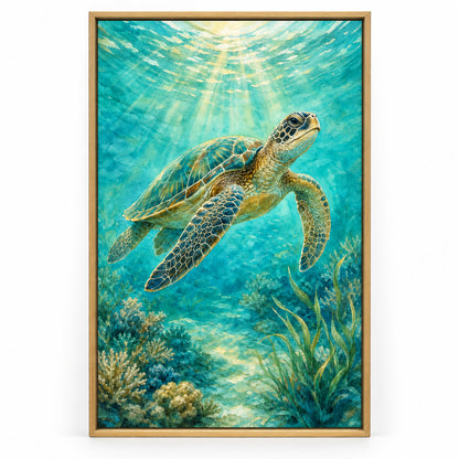 Sunlit Sea Turtle Coastal Canvas Wall Art | brown_sku