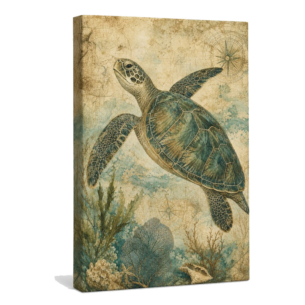 Vintage Sea Turtle Coastal Canvas Wall Art - coastal wall decor by AUSJOJO