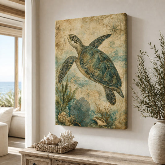 Vintage Sea Turtle Coastal Canvas Wall Art — room scene