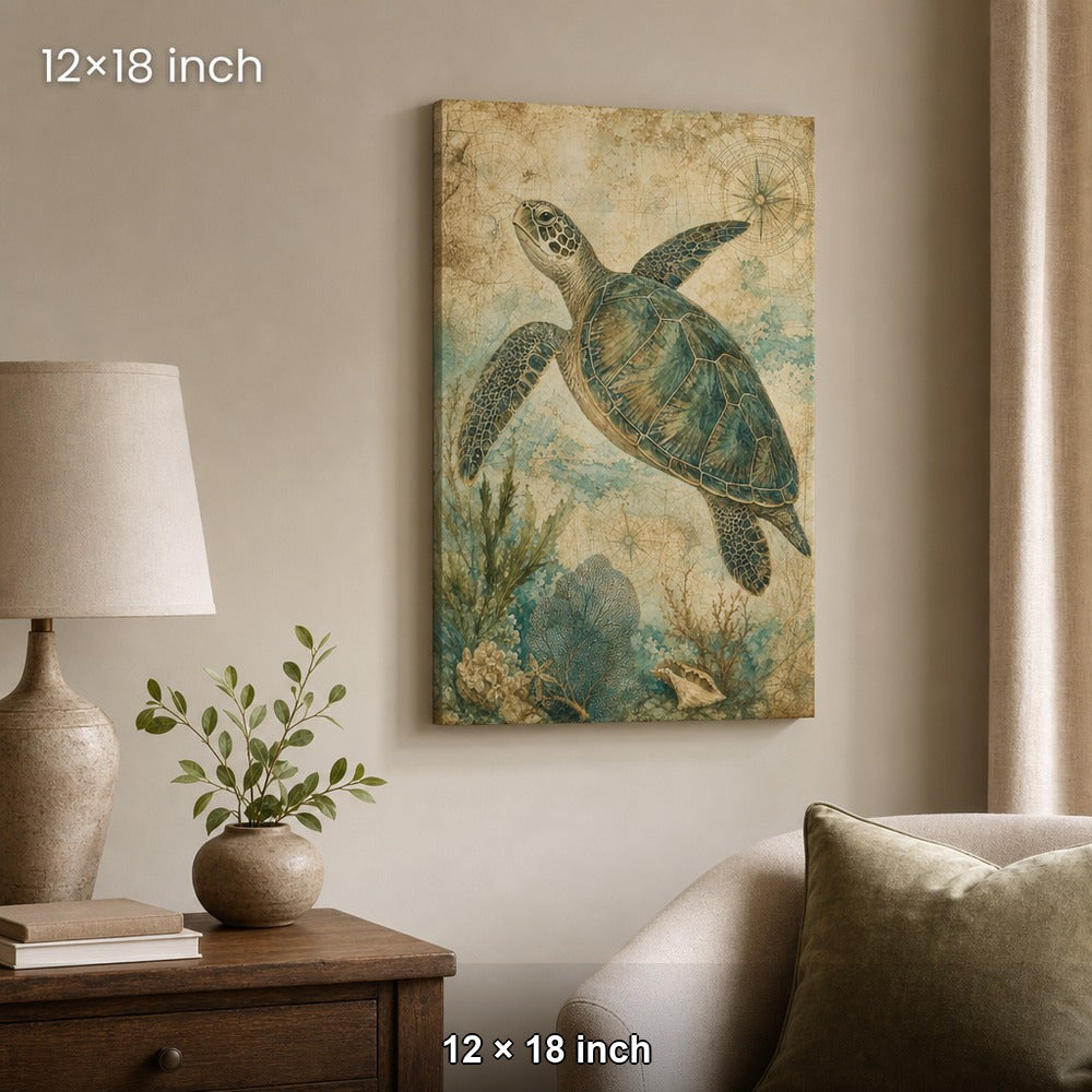 Vintage Sea Turtle Coastal Canvas Wall Art — 12×18 room mockup