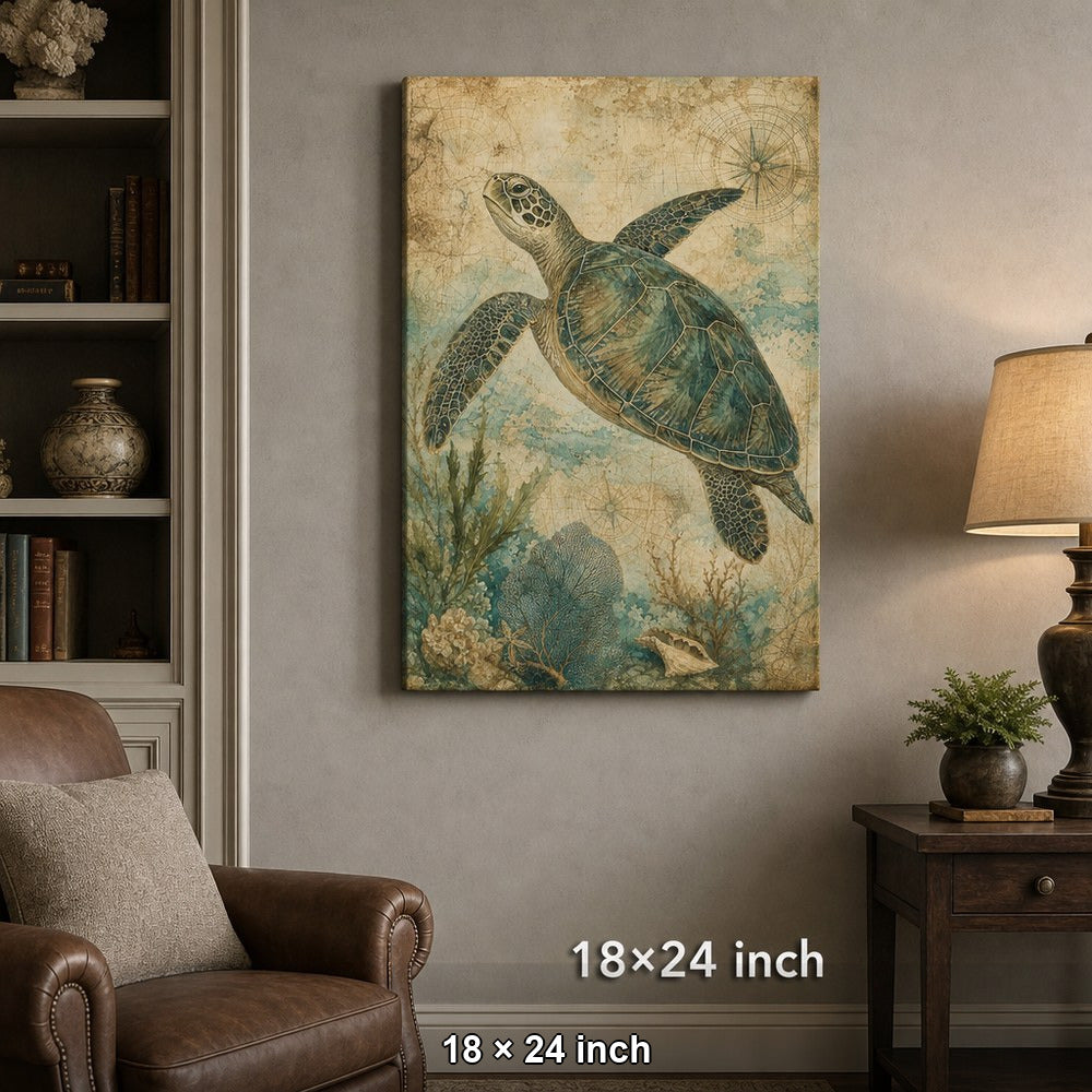 Vintage Sea Turtle Coastal Canvas Wall Art — 18×24 room mockup