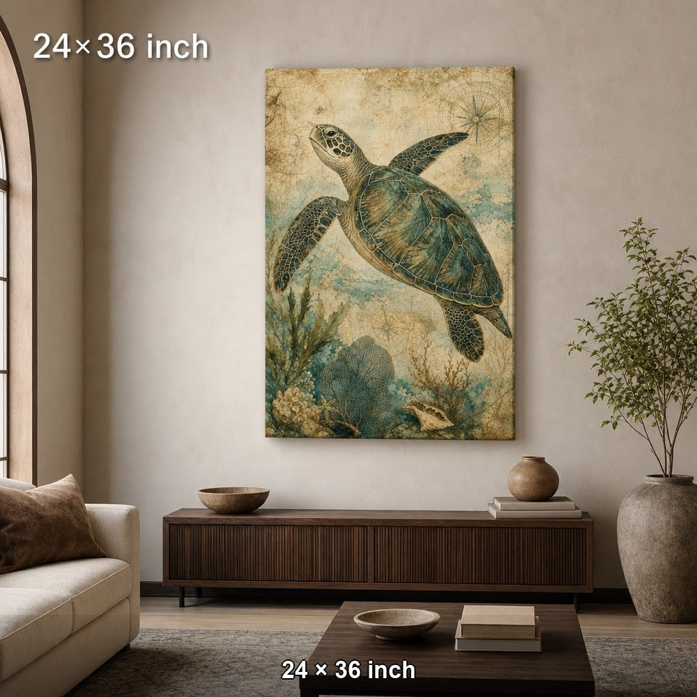 Vintage Sea Turtle Coastal Canvas Wall Art — 24×36 room mockup