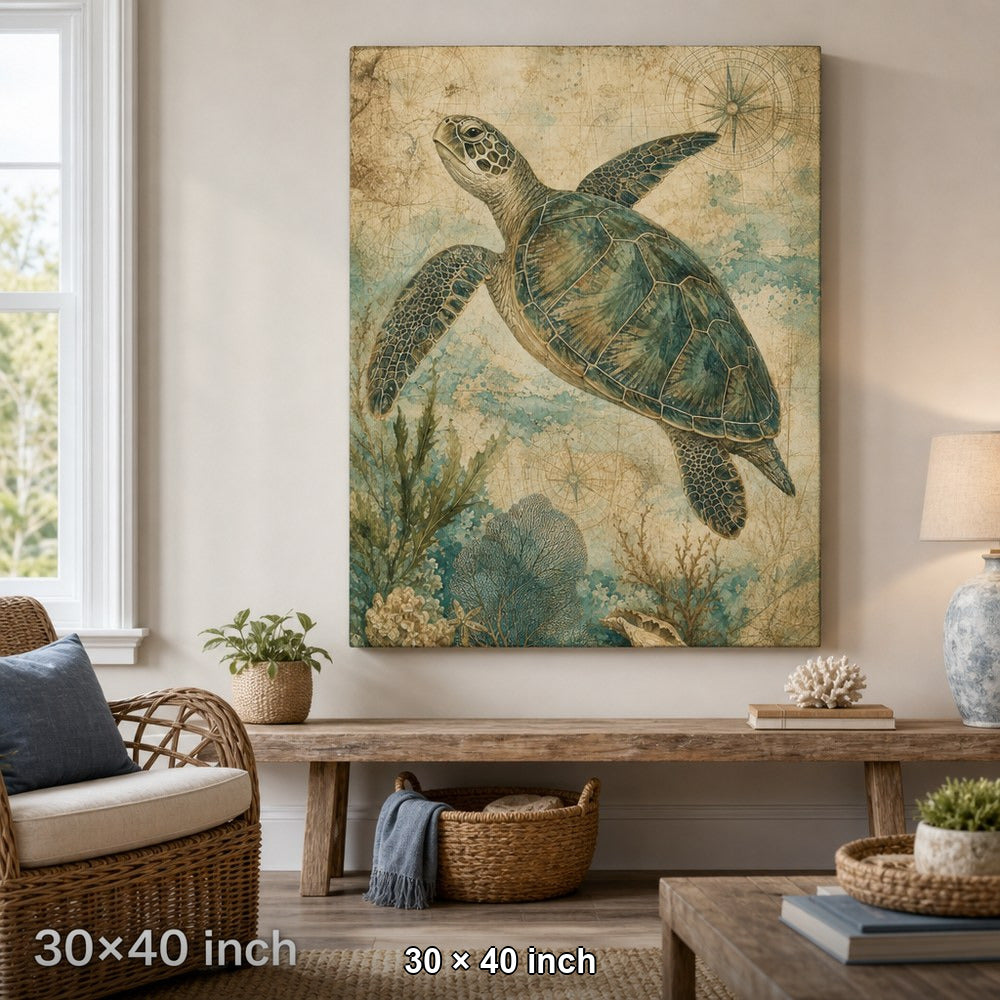 Vintage Sea Turtle Coastal Canvas Wall Art — 30×40 room mockup