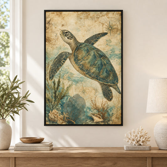 Vintage Sea Turtle Coastal Canvas Wall Art | black_independent_close