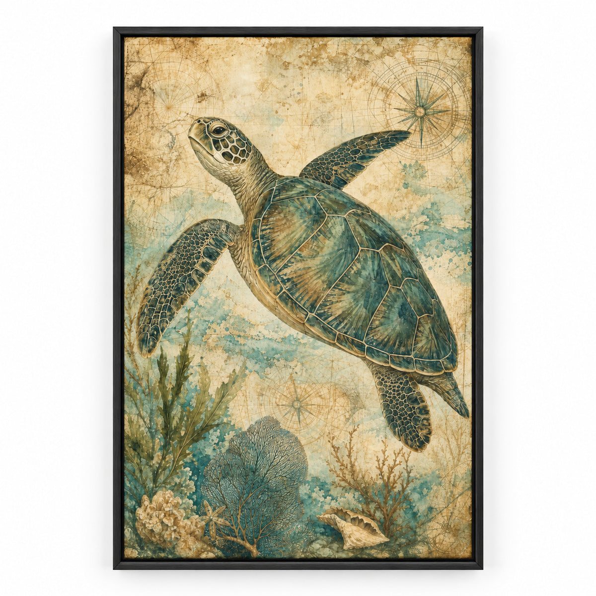 Vintage Sea Turtle Coastal Canvas Wall Art | black_sku