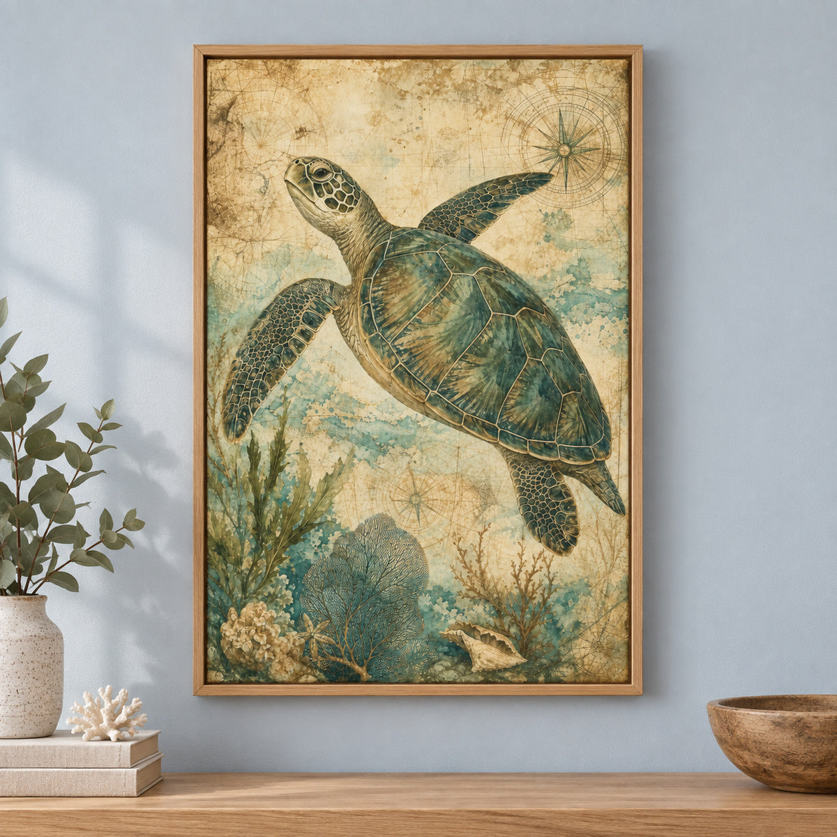 Vintage Sea Turtle Coastal Canvas Wall Art | brown_independent_close
