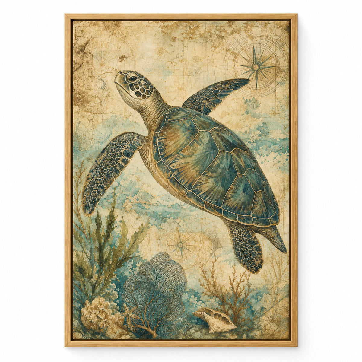 Vintage Sea Turtle Coastal Canvas Wall Art | brown_sku