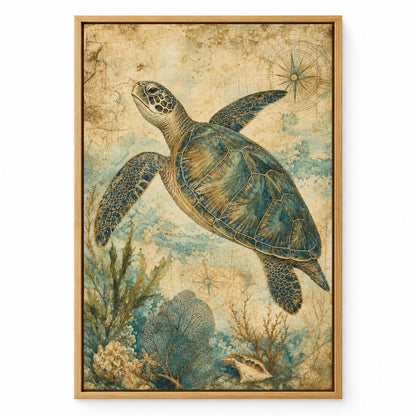 Vintage Sea Turtle Coastal Canvas Wall Art | brown_sku