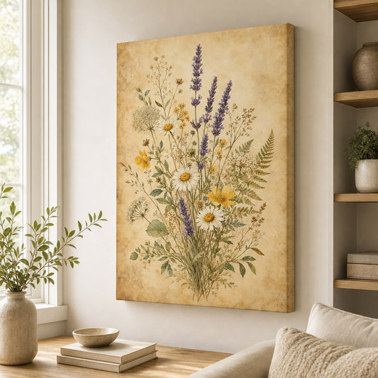 Pressed Wildflower Botanical Canvas Wall Art — room scene