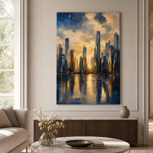 Golden City Skyline Canvas Wall Art — room scene
