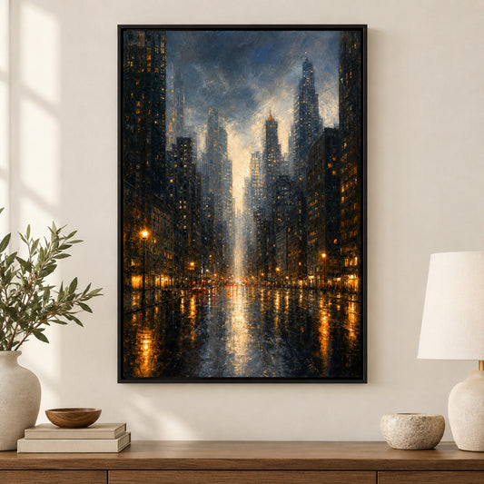 Rainy Night City Skyline Canvas Wall Art | black_independent_close