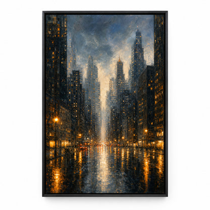 Rainy Night City Skyline Canvas Wall Art | black_sku