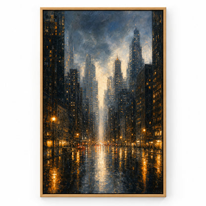 Rainy Night City Skyline Canvas Wall Art | brown_sku