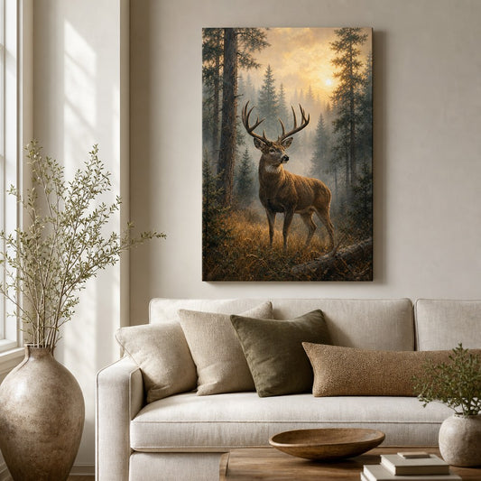Misty Forest Deer Canvas Wall Art — room scene