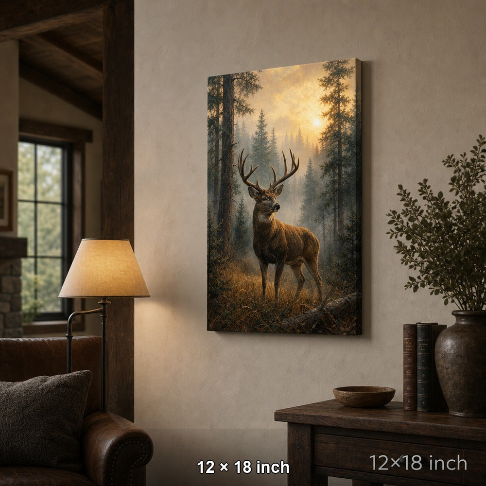 Misty Forest Deer Canvas Wall Art — 12×18 room mockup
