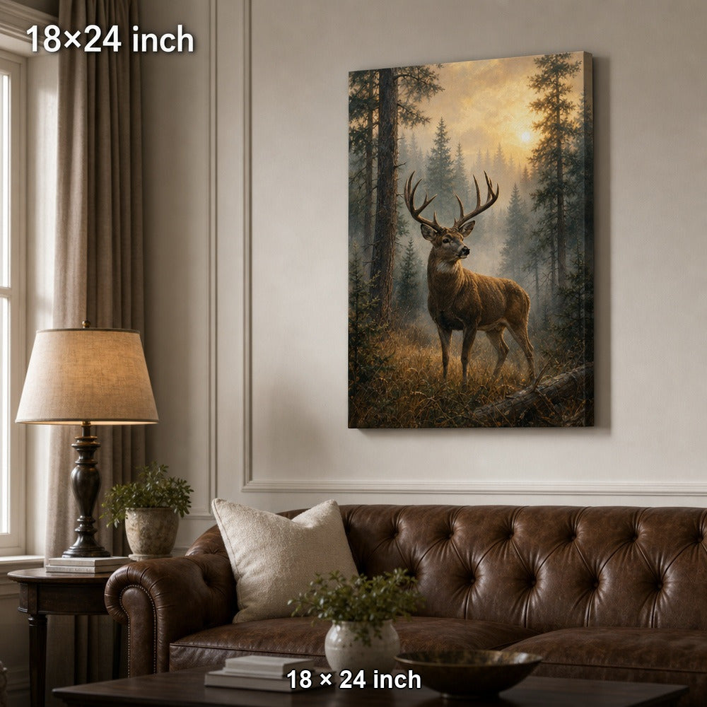 Misty Forest Deer Canvas Wall Art — 18×24 room mockup
