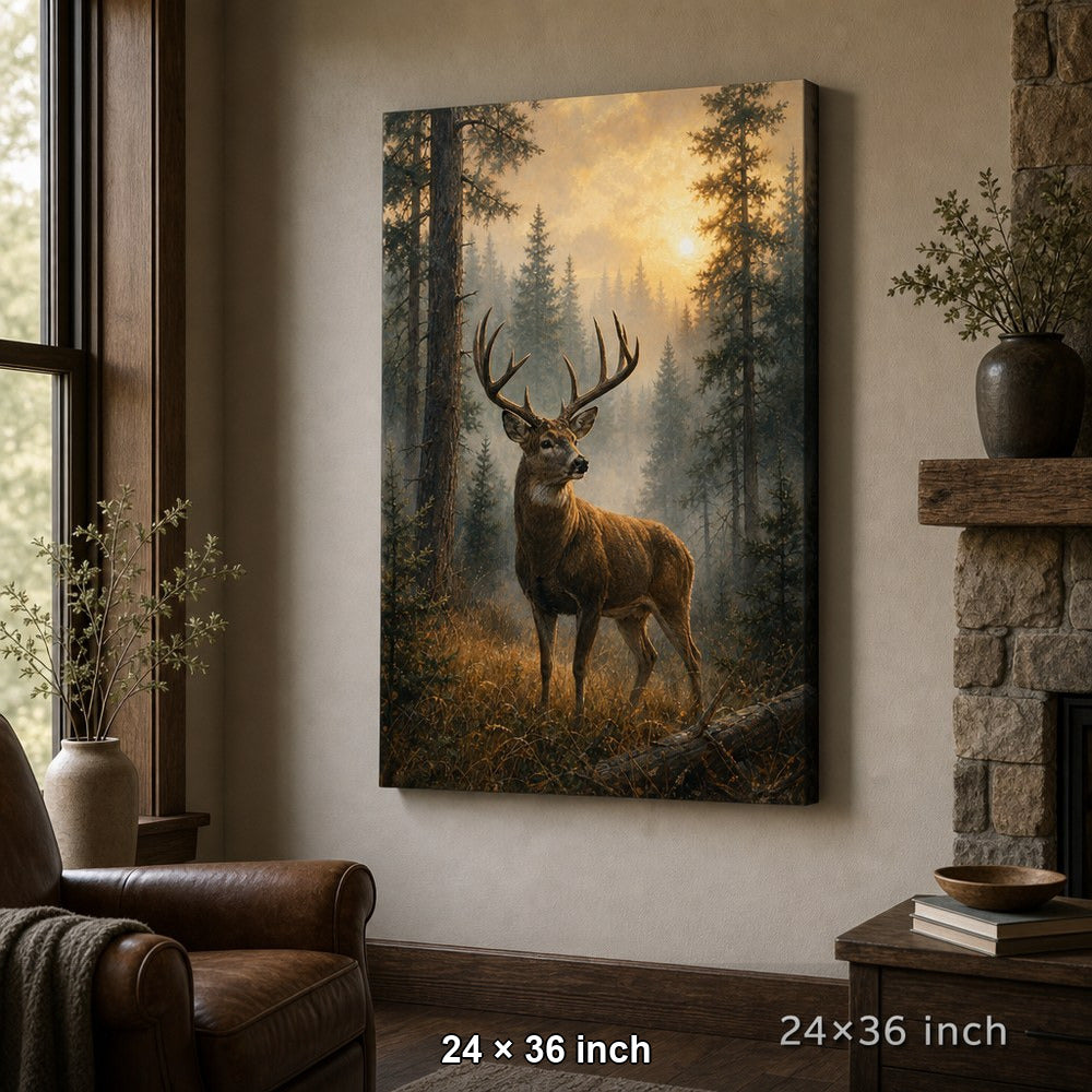 Misty Forest Deer Canvas Wall Art — 24×36 room mockup