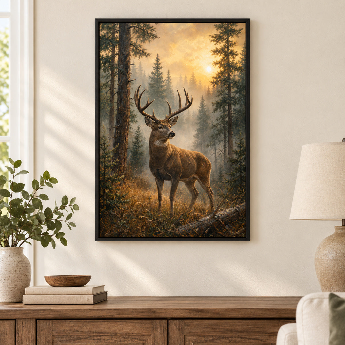 Misty Forest Deer Canvas Wall Art | black_independent_close