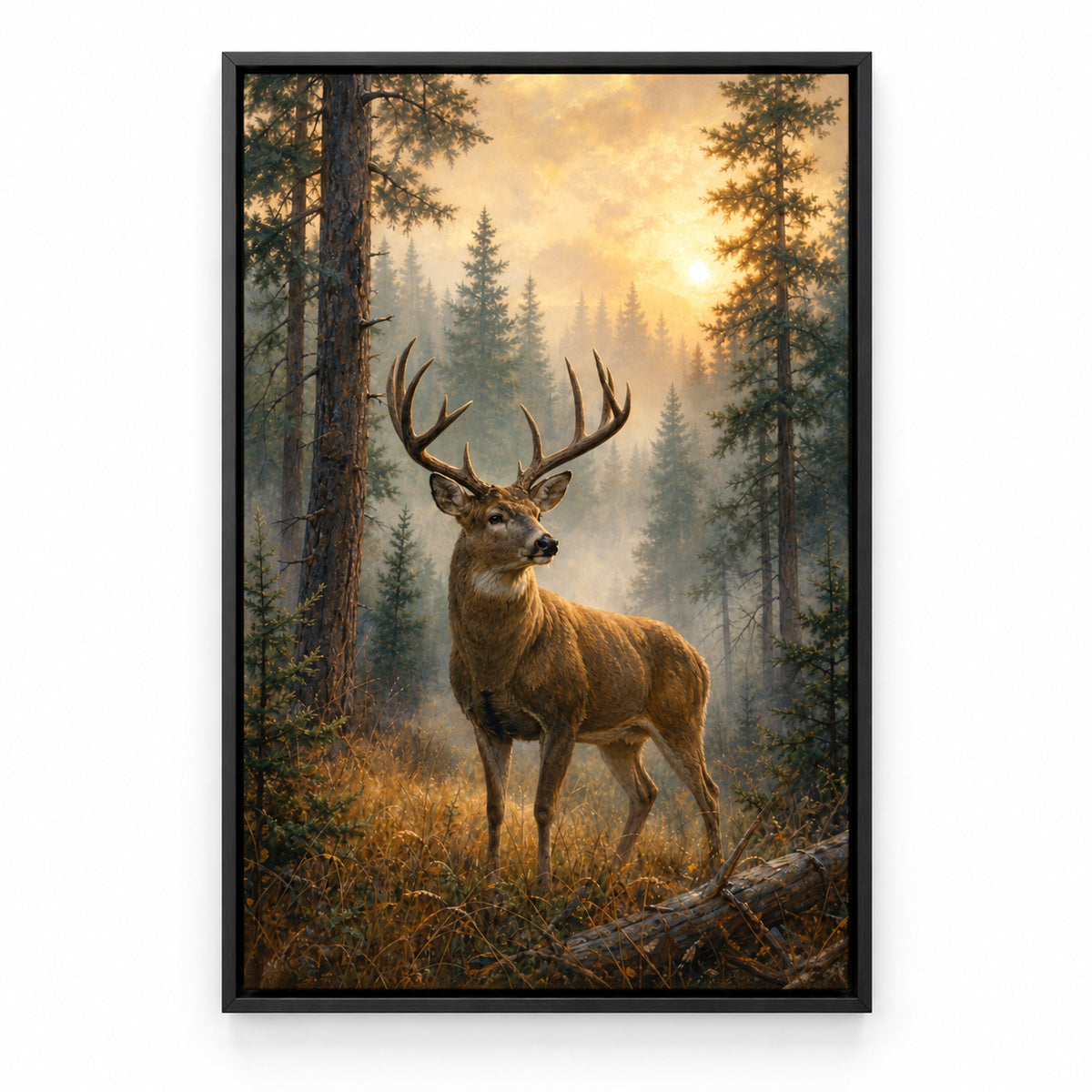 Misty Forest Deer Canvas Wall Art | black_sku
