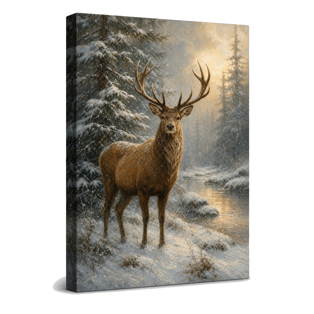 Winter Stag Pine Forest Canvas Wall Art - canvas wall art by AUSJOJO