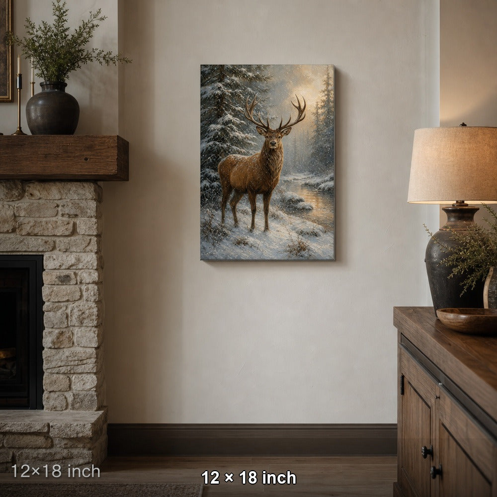 Winter Stag Pine Forest Canvas Wall Art — 12×18 room mockup