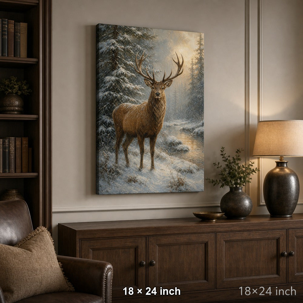 Winter Stag Pine Forest Canvas Wall Art — 18×24 room mockup