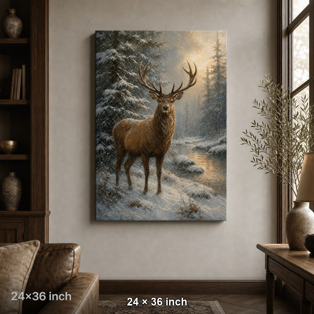Winter Stag Pine Forest Canvas Wall Art — 24×36 room mockup