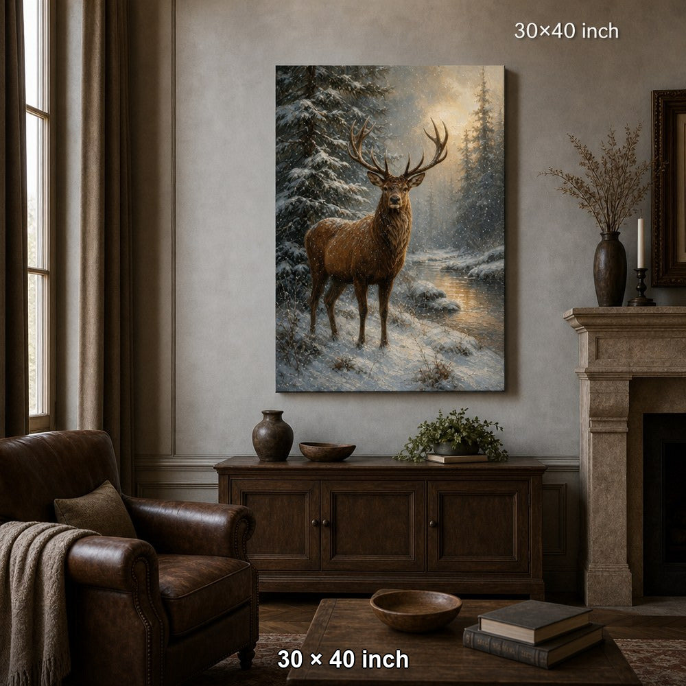 Winter Stag Pine Forest Canvas Wall Art — 30×40 room mockup