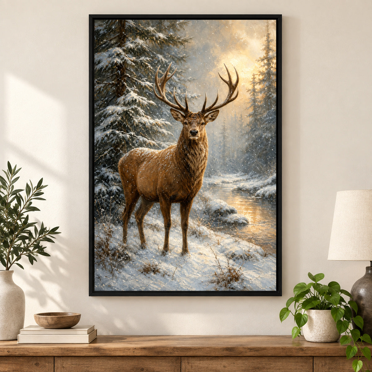Winter Stag Pine Forest Canvas Wall Art | black_independent_close