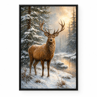 Winter Stag Pine Forest Canvas Wall Art | black_sku