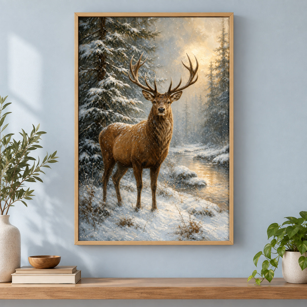 Winter Stag Pine Forest Canvas Wall Art | brown_independent_close