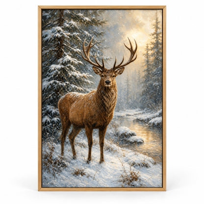 Winter Stag Pine Forest Canvas Wall Art | brown_sku