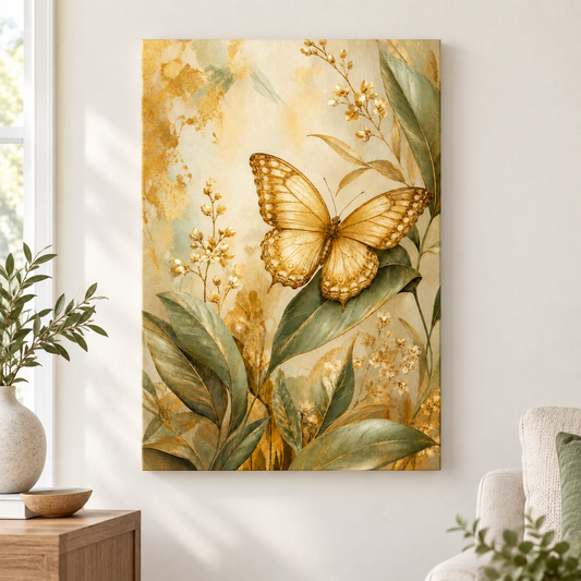 Golden Butterfly Botanical Floater Frame Canvas Wall Art | frameless close wall hero