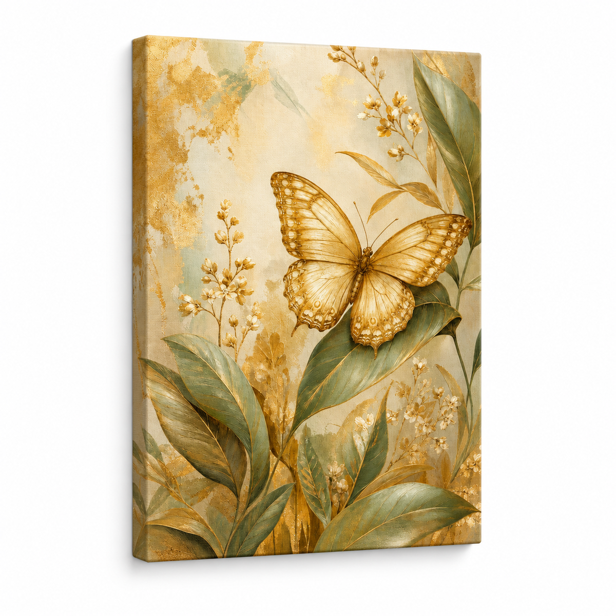 Golden Butterfly Botanical Floater Frame Canvas Wall Art | frameless stretched canvas SKU