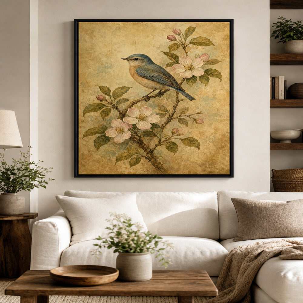 Vintage Botanical Bird Floater Frame Canvas Wall Art — room scene in a black floater frame
