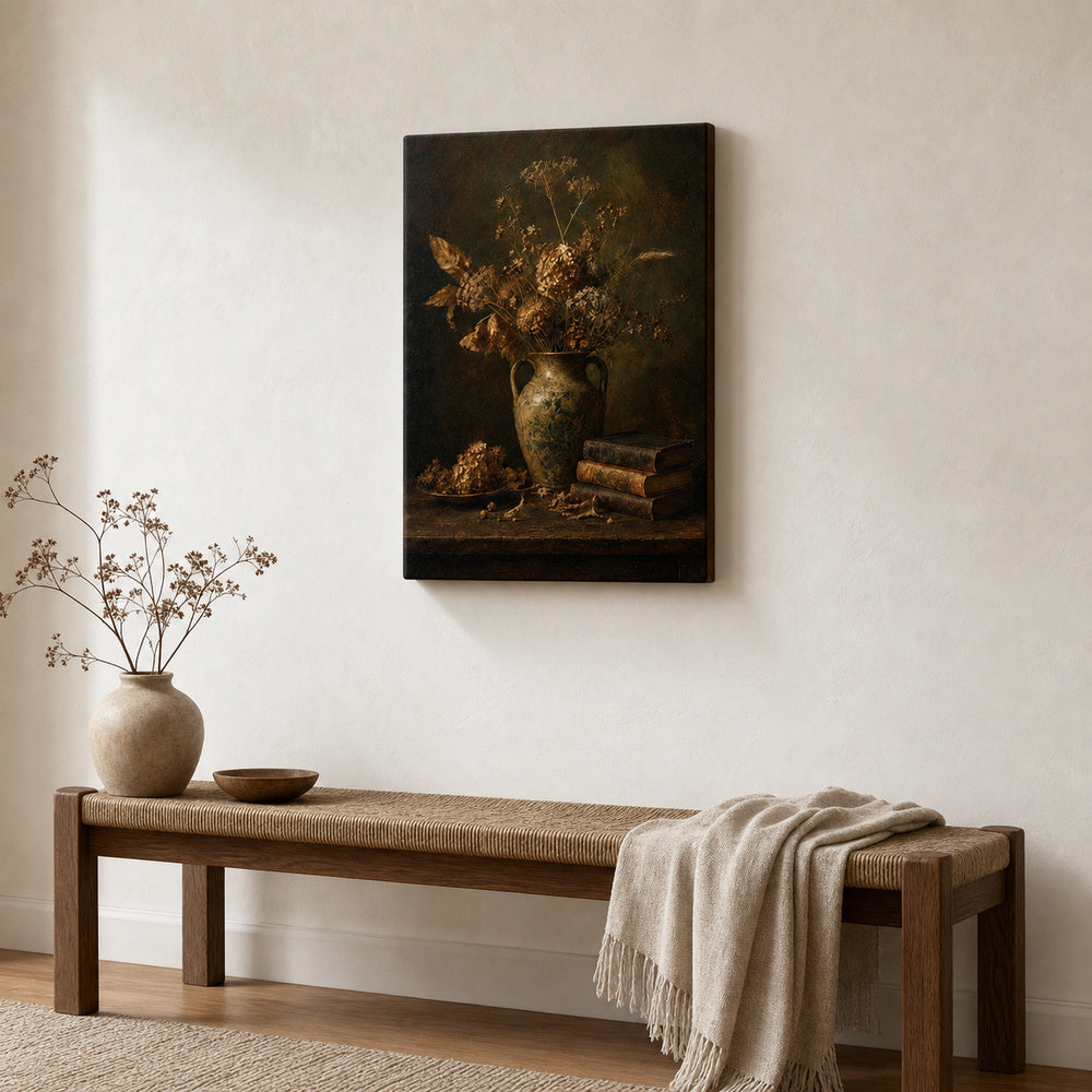 Dark Vintage Ceramic Vase Still Life Canvas Wall Art - 02_wall_scene