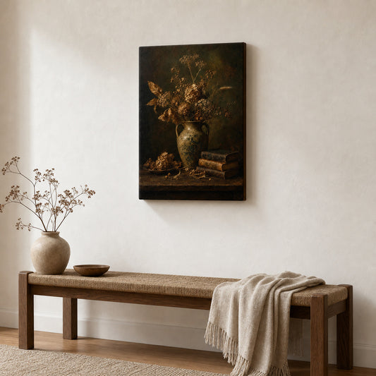 Dark Vintage Ceramic Vase Still Life Canvas Wall Art — room scene