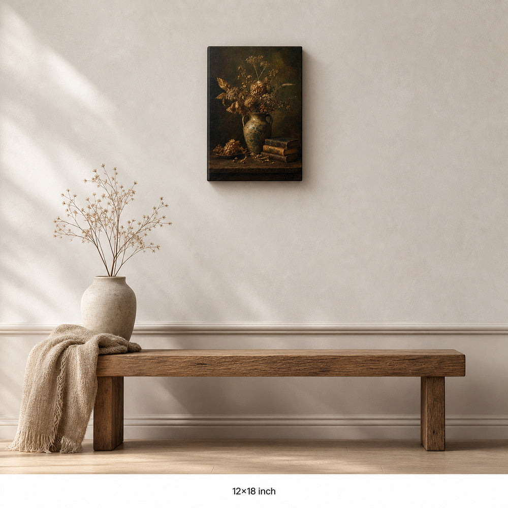 Dark Vintage Ceramic Vase Still Life Canvas Wall Art — 12×18 room mockup