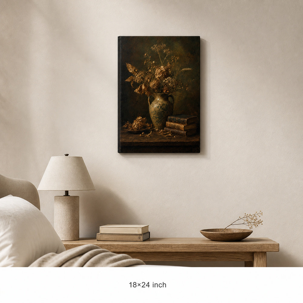 Dark Vintage Ceramic Vase Still Life Canvas Wall Art — 18×24 room mockup