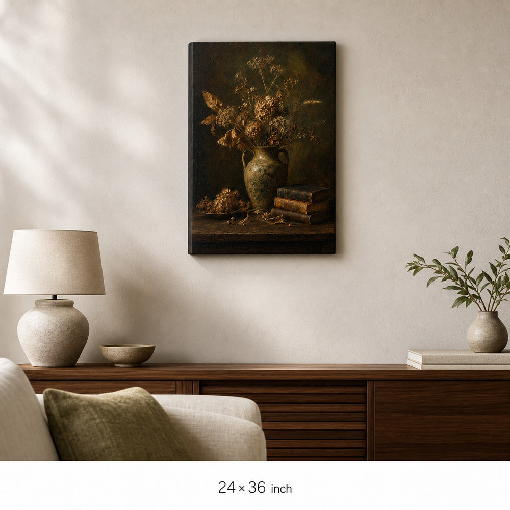 Dark Vintage Ceramic Vase Still Life Canvas Wall Art — 24×36 room mockup