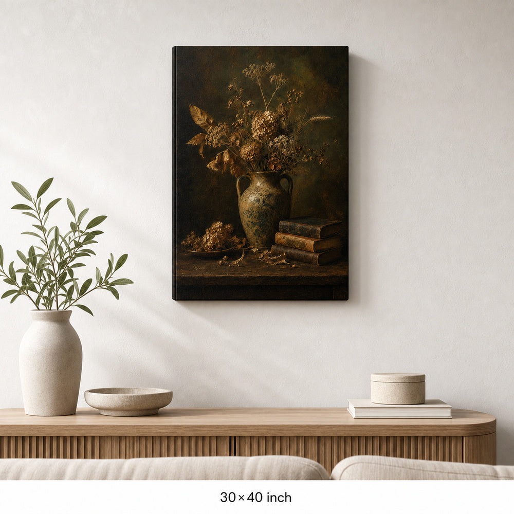 Dark Vintage Ceramic Vase Still Life Canvas Wall Art — 30×40 room mockup