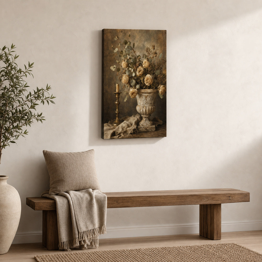 Vintage Botanical Stone Urn Still Life Canvas Wall Art - 02_wall_scene